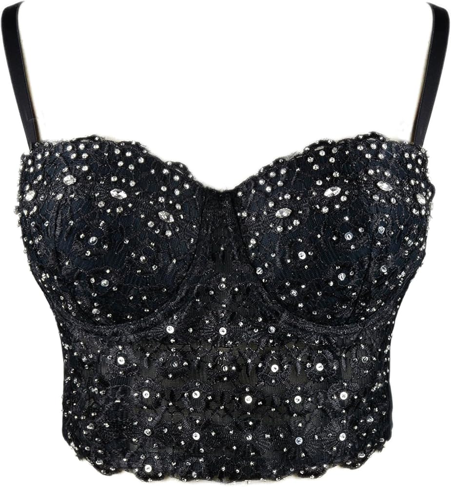 ELLACCI Women's Natural Reigning Lace Rhinestone Bustier Crop Top